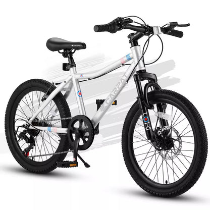 BestParts 20 Inch Kids Mountain Bike, 7-Speed Bicycle with Front Suspension, Disc & V Brake, for Teens Age 8–12, White Steel Frame