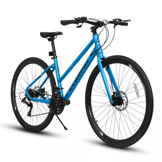 BestParts 700C Road Bike, 21-Speed Urban Commuter Bicycle, Lightweight Steel Frame with Disc Brakes, Wide Tires, for Men & Women, Black+Blue