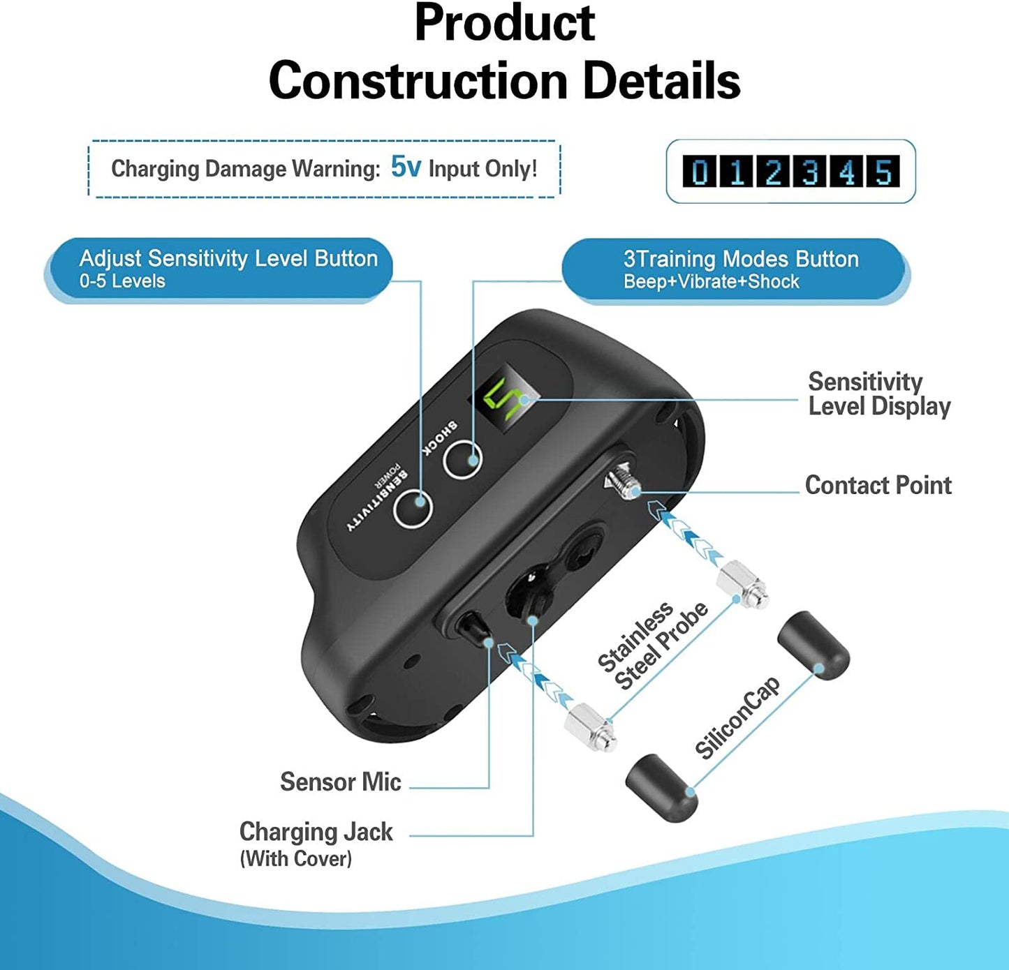 Dog Bark Collar, Bark Shock Collar with Beep Vibration Shock, Bark Collar for Large Medium Small Dogs, Rechargeable Humane Anti Barking Training Collar with 5 Adjustable Sensitivity