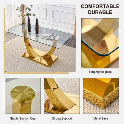 Sumdeal 63" Glass Dining Table Set for 4,Gold Dining Room Table Set for 4,Modern Kitchen Table and PU Leather Chairs for 4,Gray with Gold Leg C Shape