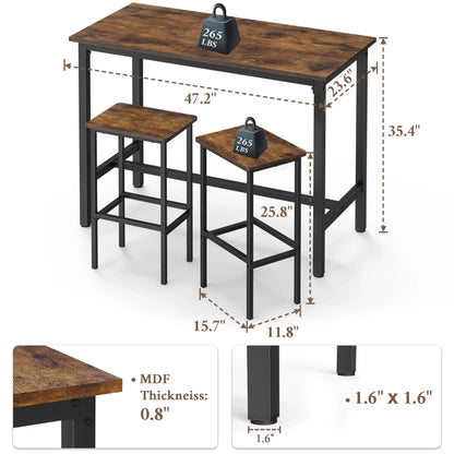 JOZ 3-Piece Kitchen Height Dining Table Set, Bar Table with 2 Stools, Rustic Brown and Black