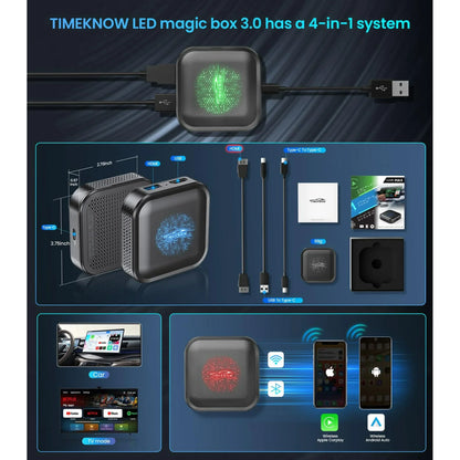 TIMEKNOW Wireless Carplay Adapter Magic Box with Netflix YouTube Tiktok, Upgrade LED Wireless Android Auto Adapter HDMI Dongle for Phone to Miracast/Stream Media to Car/TV, for OEM Wired CarPlay Car