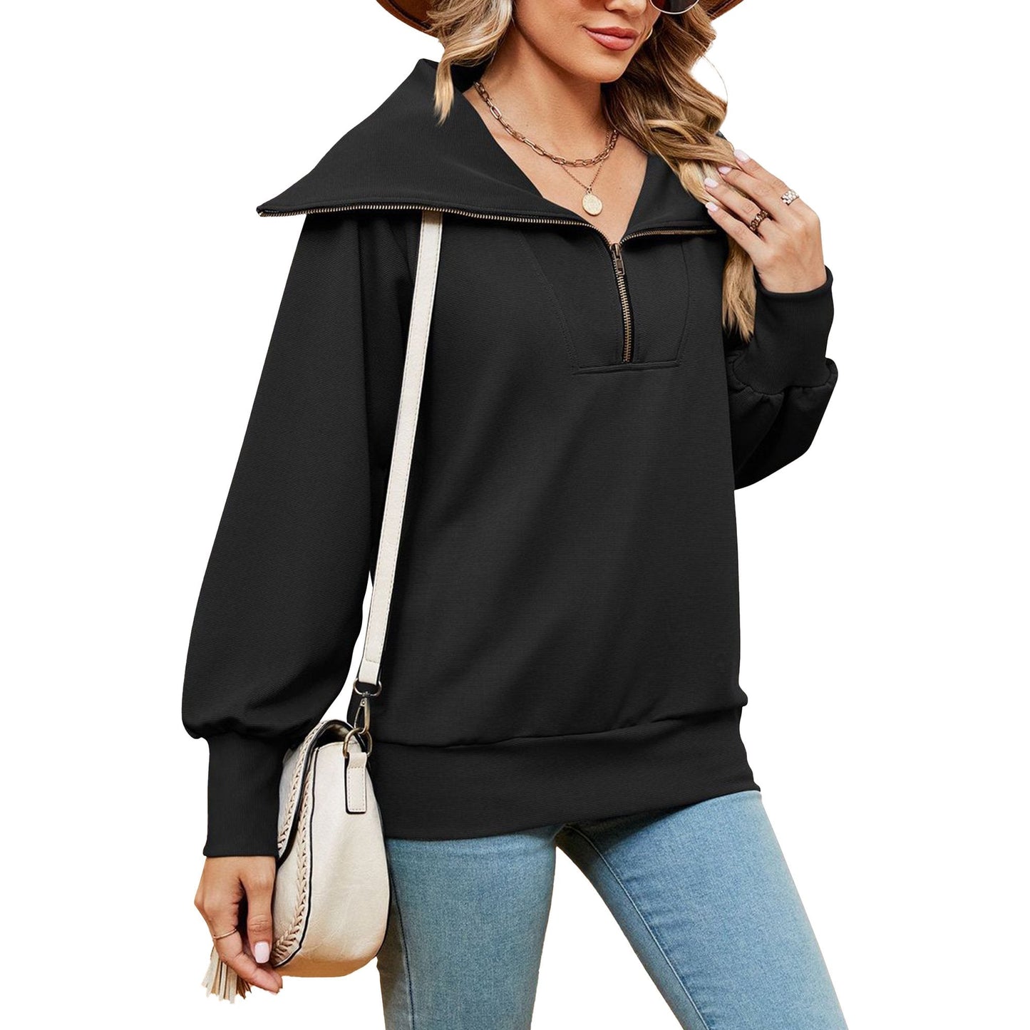 SHIBEVER Womens Oversized Sweatshirts Long Sleeve Half Zip Pullover fashion Quarter Hoodies Teen Girls Fall Clothes Black