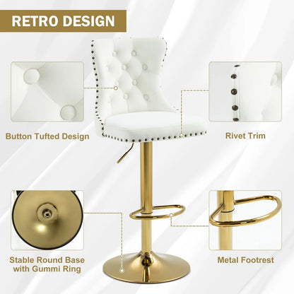 Homhum 360° Swivel Bar Stools Set of 2, Button Tufted Island Stools, Adjustable Seat Height, Beige & Gold