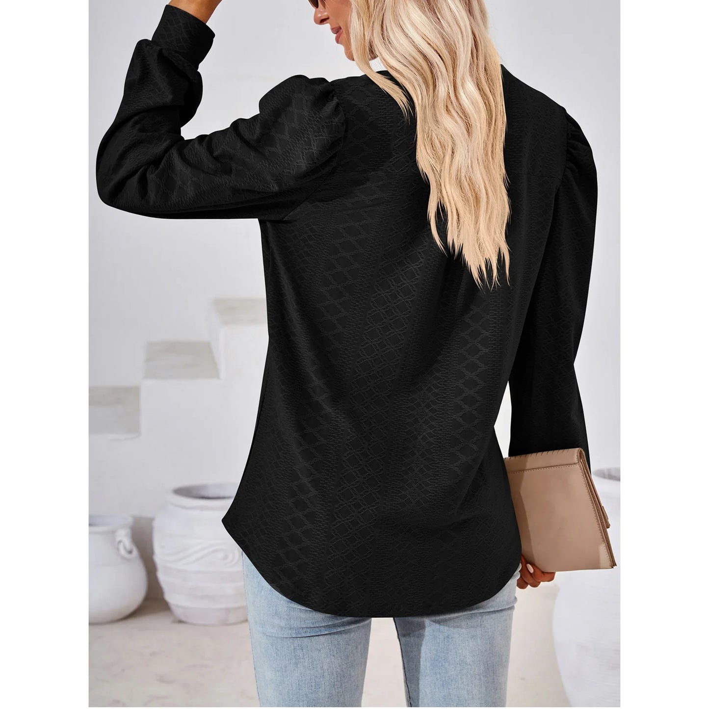 SHIBEVER Women Long Sleeves T Shirts Fall V Neck Tunic Tops Casual Soild Color Black Loose Shirts for Women Size L
