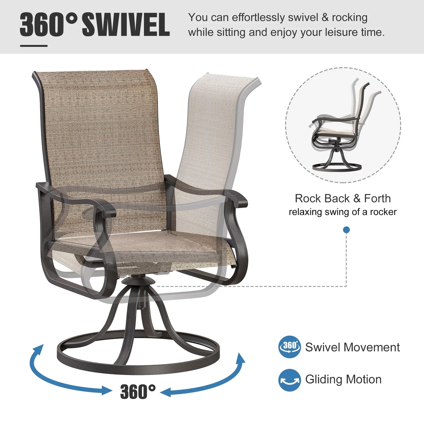 ELPOSUN Patio Swivel Chairs Set of 2, Outdoor Dining Chairs High Back All Weather Breathable Textilene Outdoor Swivel Chairs with Metal Rocking Frame for Lawn Garden Backyard Deck, Khaki