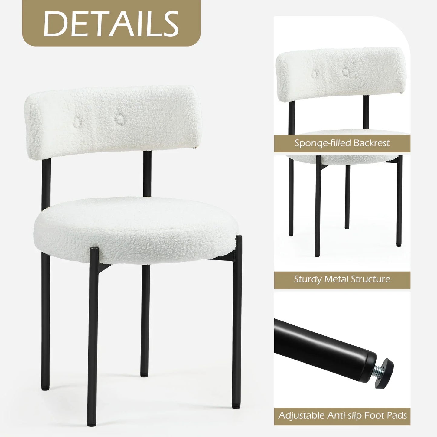HOMHUM Dining Chairs Set of 2, Mid-Century Modern Kitchen Chairs with Metal Legs, Curved Backrest, Round Upholstered Boucle Chairs for Dining Room, Kitchen & Living Room, White & Black