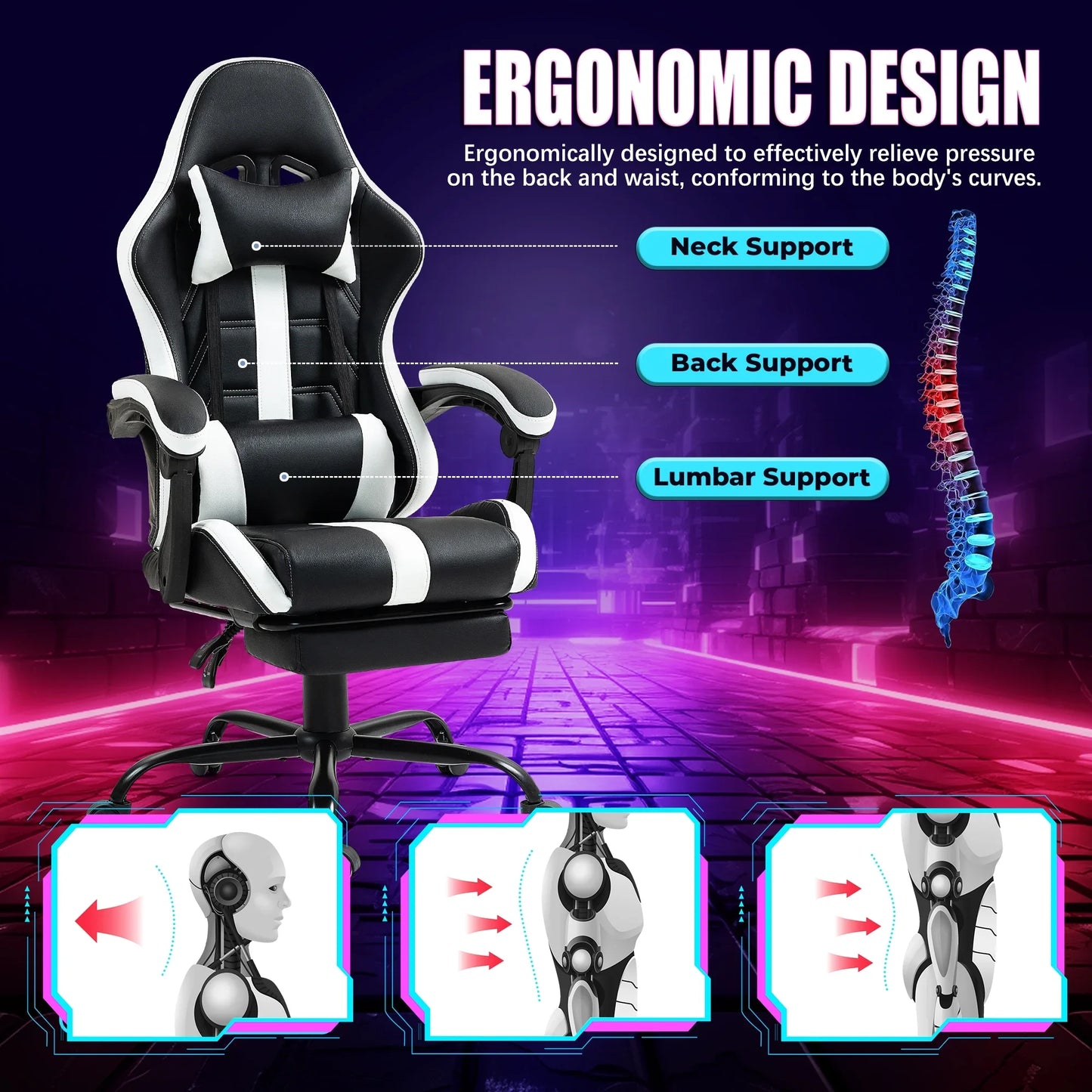 HOMHUM Gaming Chair, PU Leather Office Chair w/ Footrest and Massage Lumbar Support, Ergonomic Computer Chair w/ Headrest, 360° Swivel Desk Chair, White