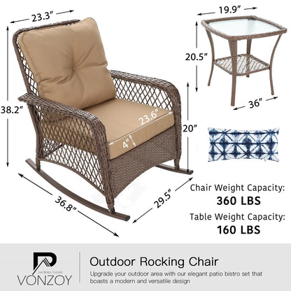 ELPOSUN 3-Piece Outdoor Rocking Chairs, Wicker Patio Furniture with Thickened Cushions and Table for Porch
