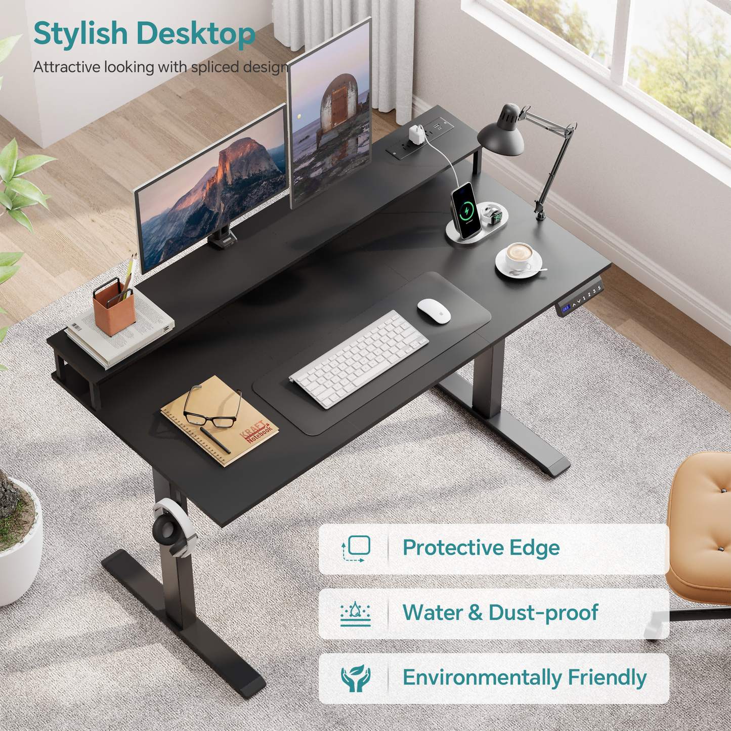 JOZ Electric Height Adjustable Standing Desk, 48 x 24 inches Sit-Stand Desk with Memory Preset and T-Shaped Metal Bracket - Black