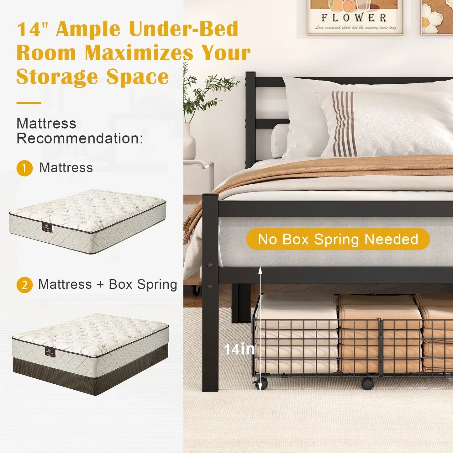 JOZ Heavy Duty Queen Size Metal Platform Bed Frame with Headboard and Footboard 14" High Under Bed Storage Space, No Box Spring Needed, Black