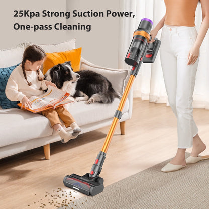 ORFELD Cordless Vacuum Cleaner， 45mins 300W 25kap Rechargeable Stick Vacuum for Carpet Hardwood Floor Pet Hair，Gold，SV30