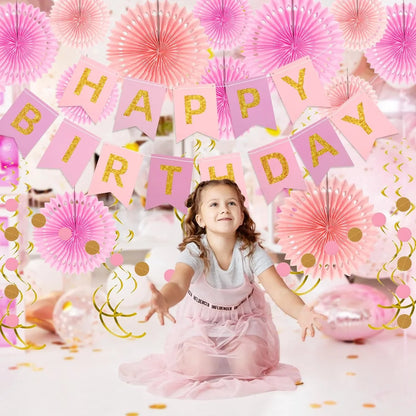 Pink Gold Birthday Decorations, Happy Birthday Banner with Hanging Honeycomb Paper Fans Circle Garland Swirl Streamers for Girls Women Party Supplies