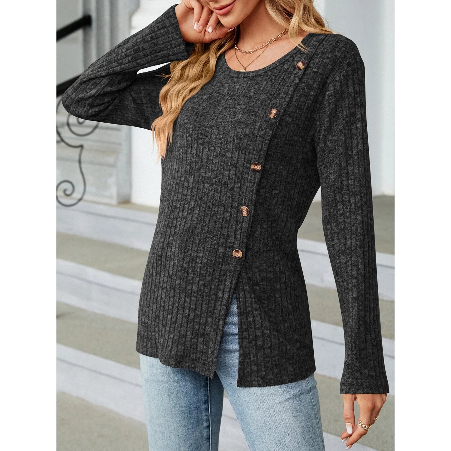 SHIBEVER Tops for Women Casual Long Sleeve Blouses Fall Knit Tunic Tops Round Neck Loose Side Split Sweater with Side Button Size L