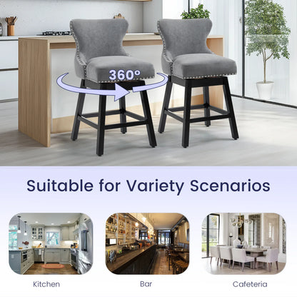 Homhum 360° Swivel Bar Stools Set of 2, Wood Legs and Fabric Island Chairs, Gray