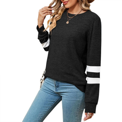 SHIBEVER Fall Fashion V-Neck Stripe Tunics Tops Blouses For Women Workout Long Sleeve Solid T-Shirts Black
