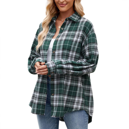 SHIBEVER Womens Blouse Long Sleeve Oversized Flannel Plaid Soft Button Down fashion Shirt Roll Up Plaid tops
