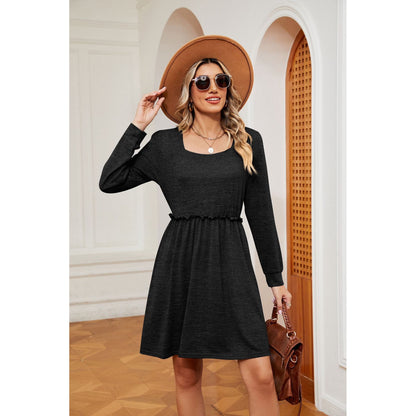 SHIBEVER Womens dress Square Neck shirt dress Long Sleeve Casual Puff Sleeves fall Frock Babydoll Skirt Solid Color Skirts Casual clothes