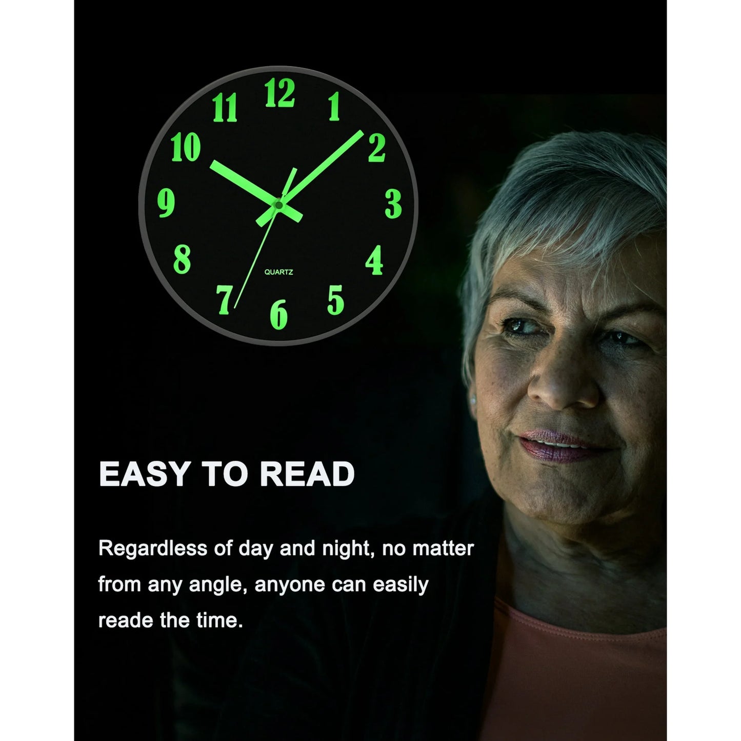 QKURT Modern Night Light Wall Clock, 10 Inch Silent Non-Ticking Quartz Wall Clocks, Glow in The Dark Battery Operated Decorative Wall Clock for Bedroom, Kitchen, Living Room