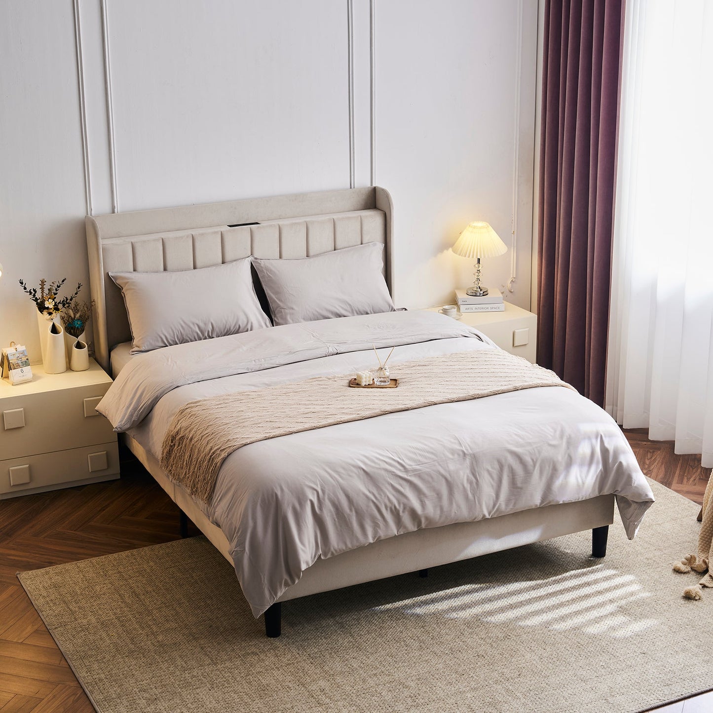 Queen Bed Frame with Charging Station, Platform Bed Frame with Upholstered Headboard, Modern Deluxe Wingback, Wood Slat Support, Mattress Foundation, Beige
