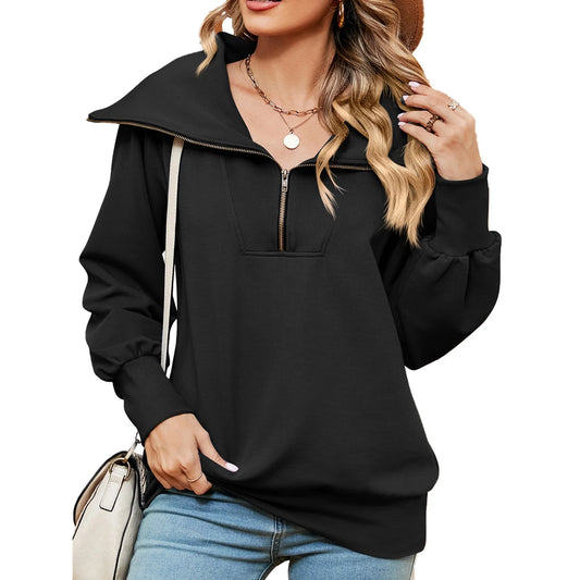 SHIBEVER Womens Oversized Sweatshirts Long Sleeve Half Zip Pullover fashion Quarter Hoodies Teen Girls Fall Clothes Black