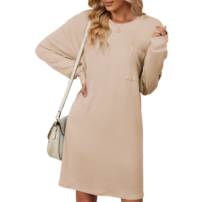 SHIBEVER Women Shift Dress Long Sleeve Crewneck Shirt Dress Dressy Solid Color Elegant Stripe Dresses for Women with Pocket Size L