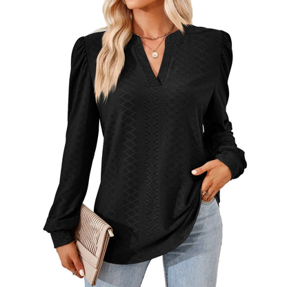 SHIBEVER Women Long Sleeves T Shirts Fall V Neck Tunic Tops Casual Soild Color Black Loose Shirts for Women Size L
