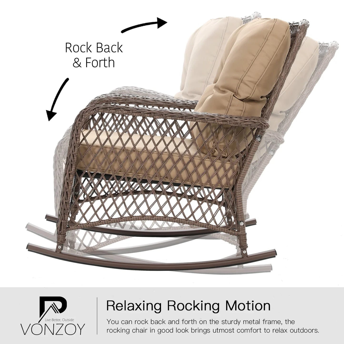 ELPOSUN 3-Piece Outdoor Rocking Chairs, Wicker Patio Furniture with Thickened Cushions and Table for Porch