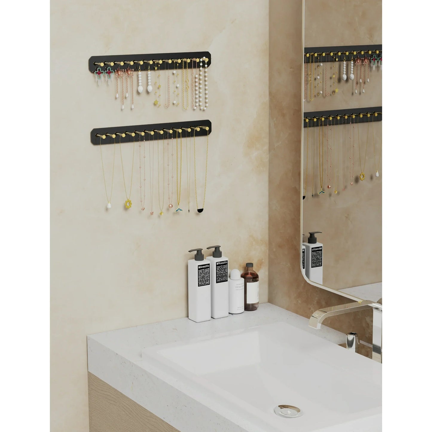 NiHome Hanging Jewelry Organizers, Wall Mounted Acrylic Jewelry Holder Earring Necklace Organizer with 24 Gold Round Hooks, Hanging Necklace Holder Stand also for Bracelet, Key - Black, 2PK