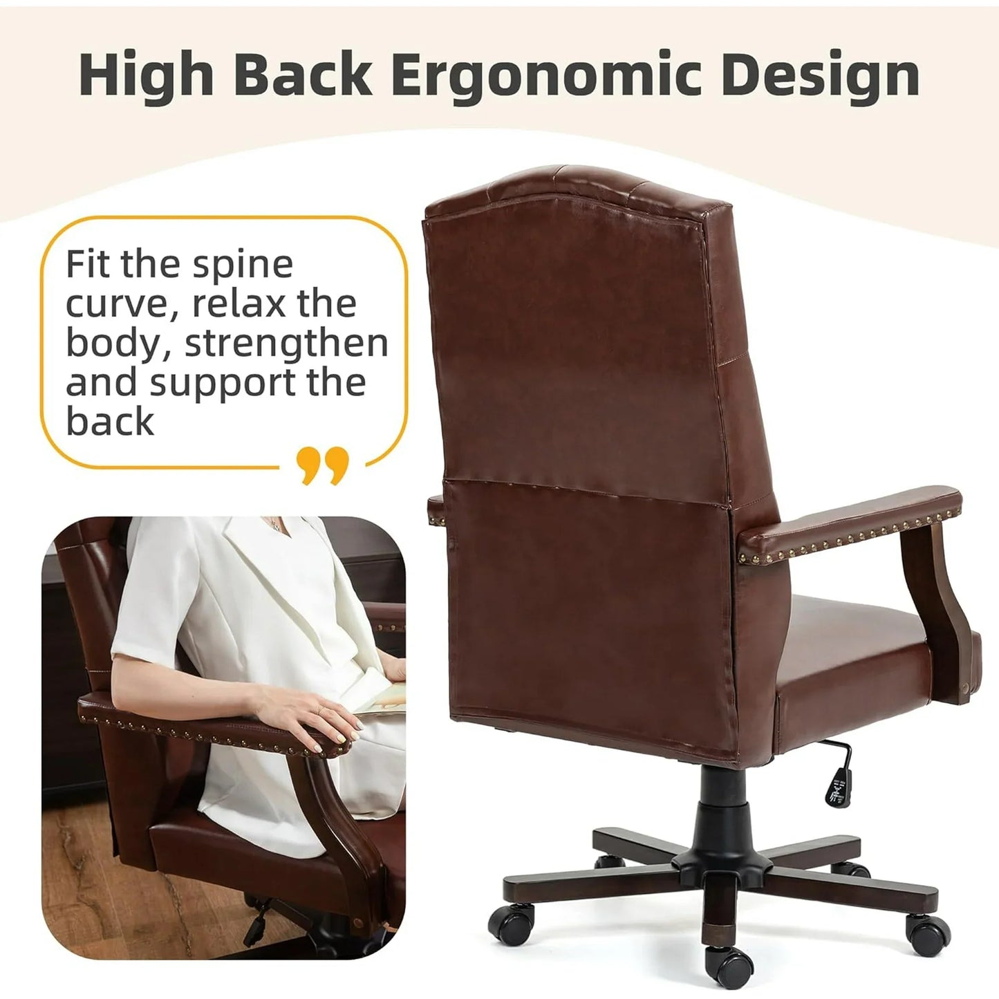 Homhum Executive High Back Office Desk Chair, Adjustable Seat, Brown