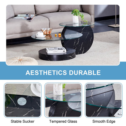 Modern Double Layer Round Glass Cofee Table for Small Space Home Office,42 Inch Black