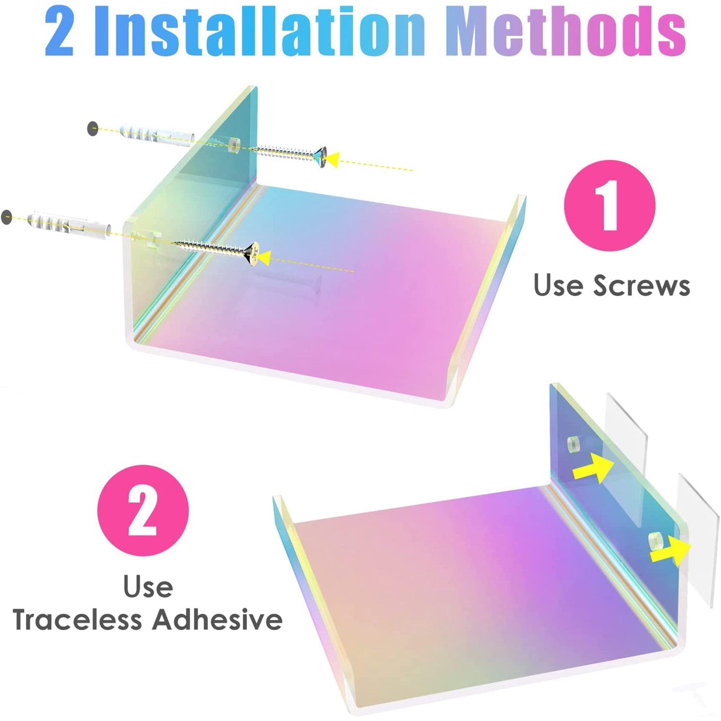 NiHome 2-Pack Medium Iridescent Acrylic Floating Shelves with Edge, 7.9"x4.5" Rainbow Ledge Shelf Adhesive & Screw Wall Mounting Phone Holder Shelf for Home D?cor, Bathroom, Kitchen and Office