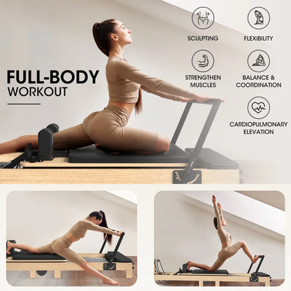 Syedee Pilates Reformer Machine, Wood Pilates Machine Bed Yoga Exercise Strength Training Equipment for Home Workout