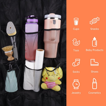 NiHome 35 Pockets Door Hanging Tumbler Organizer for Stanley in Kitchen, Pantry, Bedroom, Bathroom, Multi-Functional Large Capacity Elastic Mesh Secure Storage Cup Holder, Foldable for Home and RV