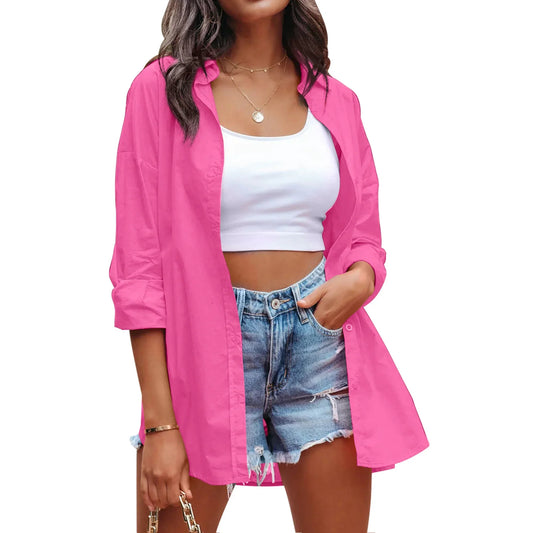 SHIBEVER Womens long sleeve Blouses Tops Oversized Button Down Shirts V neck Loose Fit Work Dressy Blouse rose