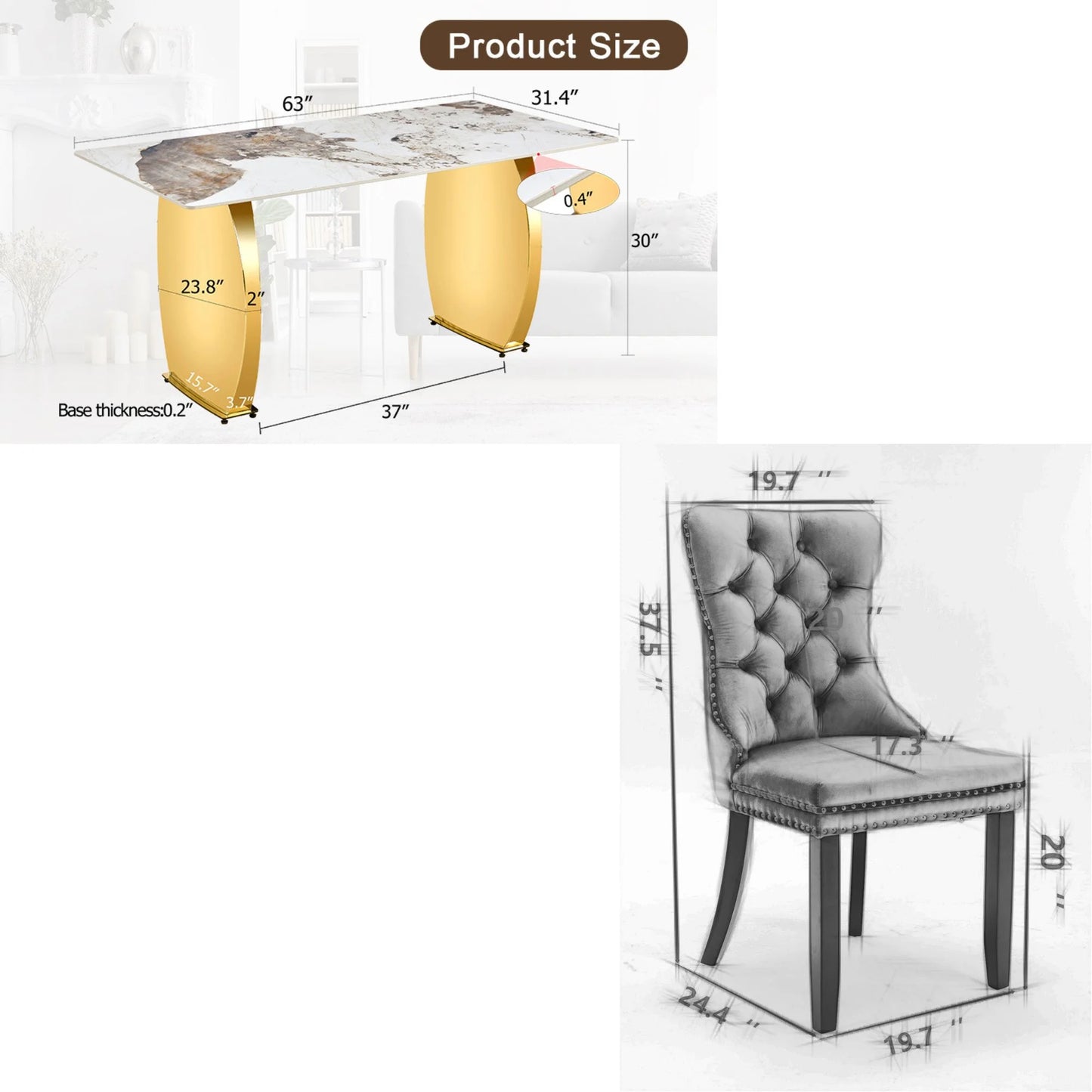 Sumdeal 63 Modern Sintered Stone Dining Table with 6 Velvet Dining Chairs,White pattened Table with Golden Leg,6 Beige Chairs