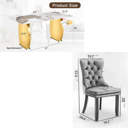 Sumdeal 63 Modern Sintered Stone Dining Table with 6 Velvet Dining Chairs,White pattened Table with Golden Leg,6 Beige Chairs