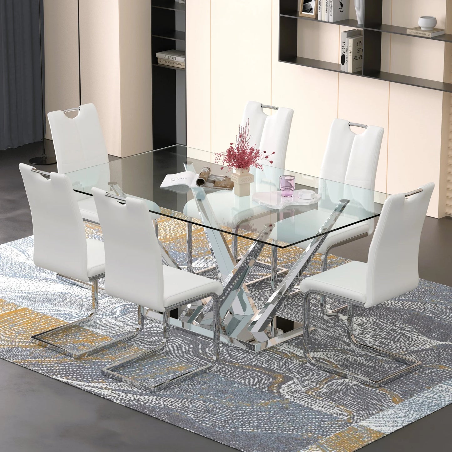 63 rectangele Glass Dining Table Sets for 6,Modern Dining Table with Silver base and 6 Silver Leg PU Chairs Room Set for Kitchen Dining Room,Living room,Glass table and White Chairs