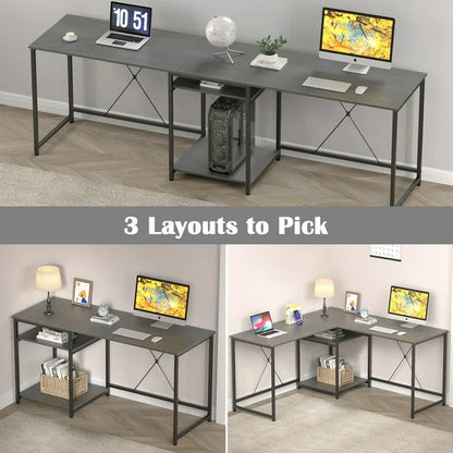 JOZ 59in Two-Way Convertible Desk with Lower Storage Shelf, Rock Gray Wood Grains Finish and Black Metal Frame