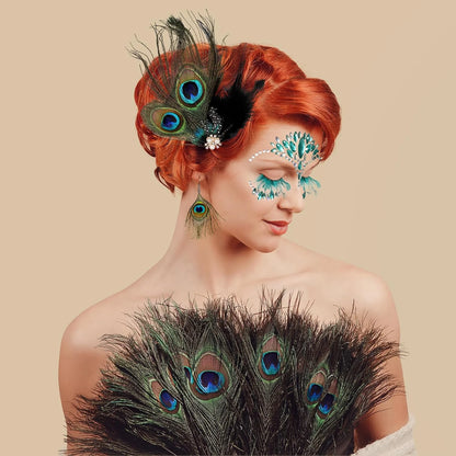 Peacock Feather Jewelry Set for Women, Green Fascinator Feather Clip Earring Big Eyelashes and Glitter Face Jewels Makeup Stickers for Halloween Carnival Festival Party Hair Face Decorations