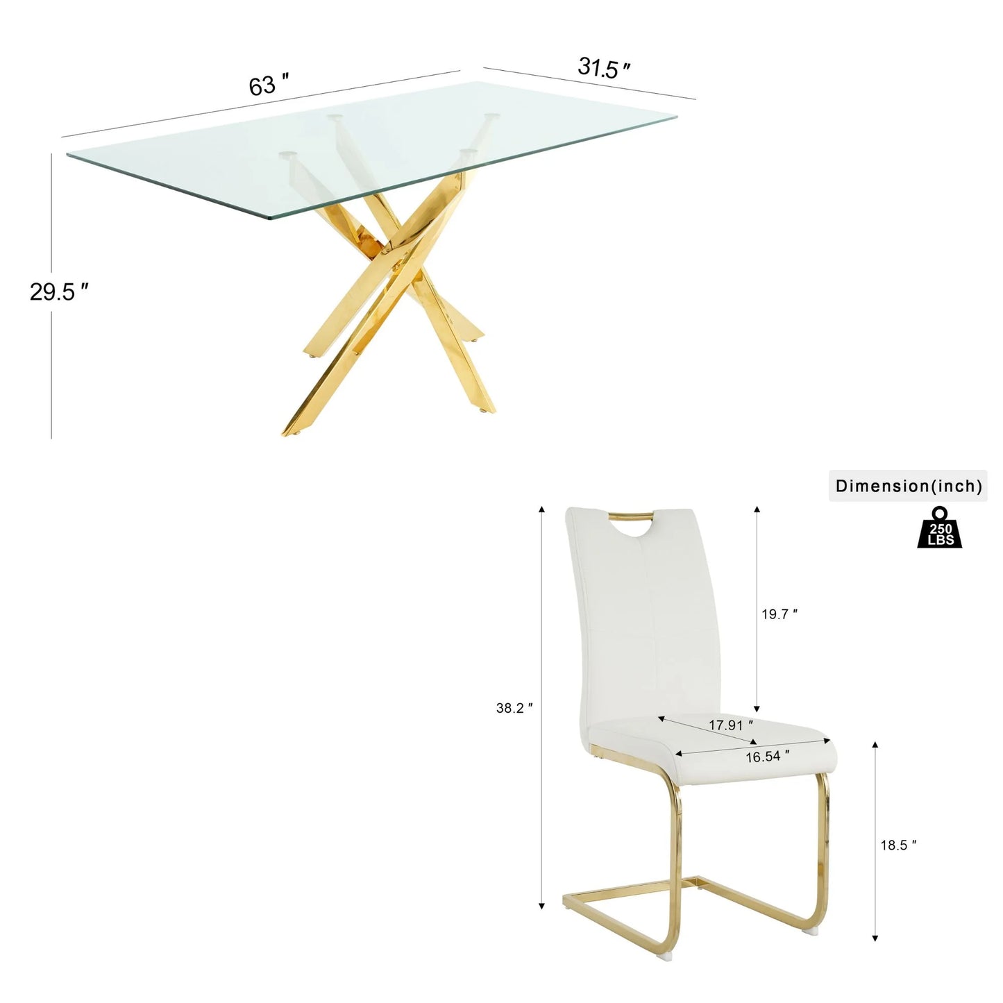 Sumdeal 63 Glass Dining Table Set for 6,Gold Base Dining Room Table with 6 Gold Leg C Shape Chairs