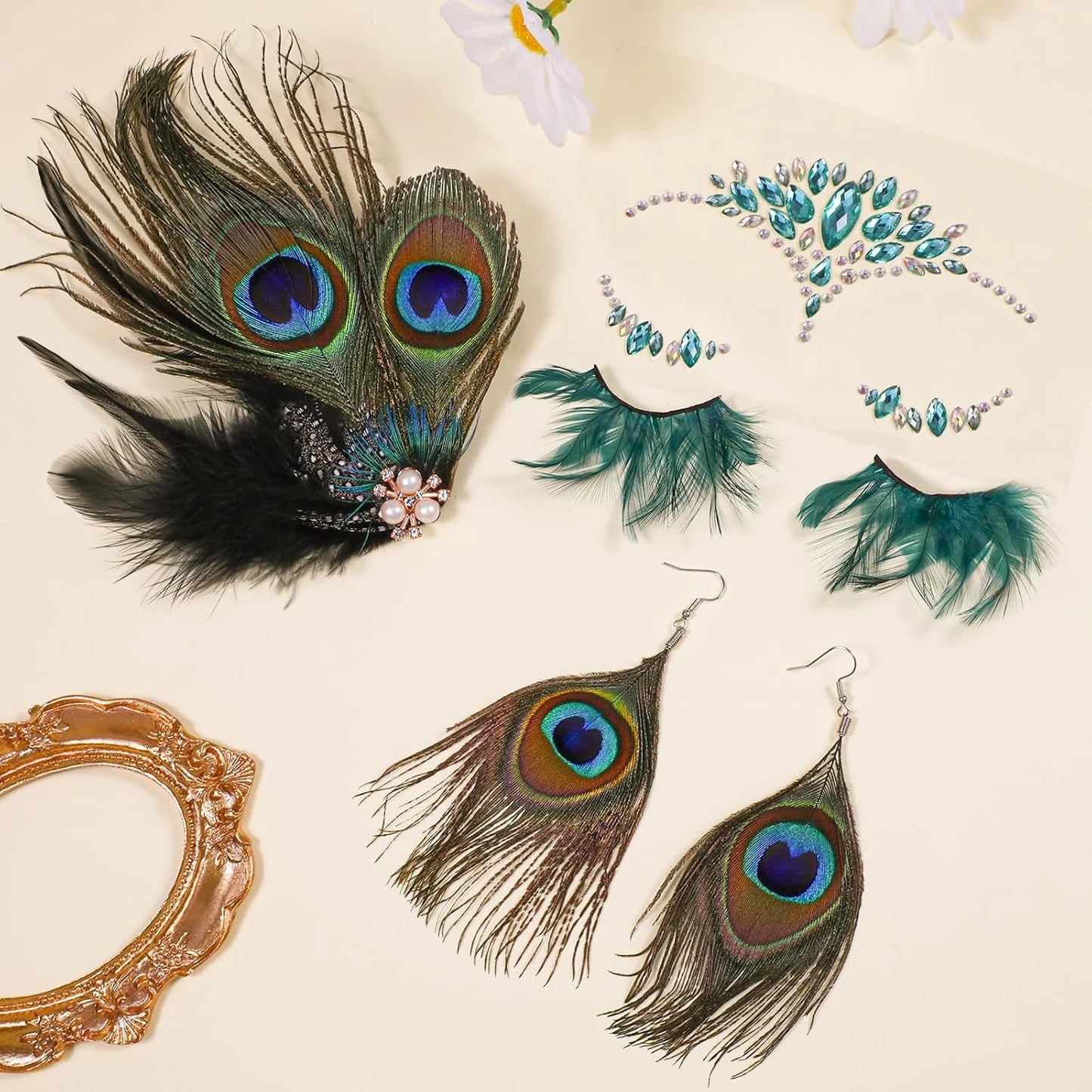 Peacock Feather Jewelry Set for Women, Green Fascinator Feather Clip Earring Big Eyelashes and Glitter Face Jewels Makeup Stickers for Halloween Carnival Festival Party Hair Face Decorations