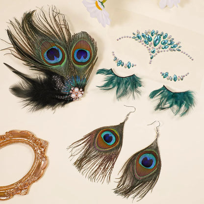 Peacock Feather Jewelry Set for Women, Green Fascinator Feather Clip Earring Big Eyelashes and Glitter Face Jewels Makeup Stickers for Halloween Carnival Festival Party Hair Face Decorations