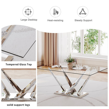 63 rectangele Glass Dining Table Sets for 6,Modern Dining Table with Silver base and 6 Silver Leg PU Chairs Room Set for Kitchen Dining Room,Living room,Glass table and White Chairs