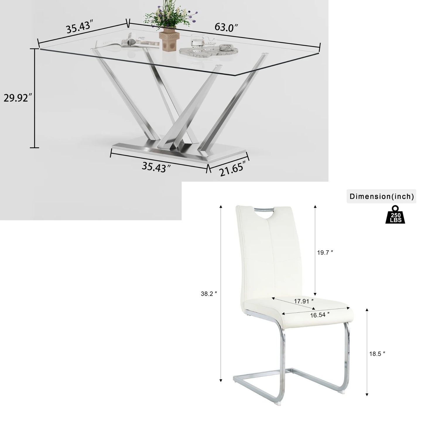 63 rectangele Glass Dining Table Sets for 6,Modern Dining Table with Silver base and 6 Silver Leg PU Chairs Room Set for Kitchen Dining Room,Living room,Glass table and White Chairs
