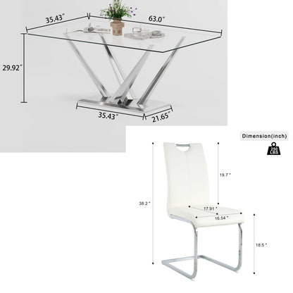 63 rectangele Glass Dining Table Sets for 6,Modern Dining Table with Silver base and 6 Silver Leg PU Chairs Room Set for Kitchen Dining Room,Living room,Glass table and White Chairs