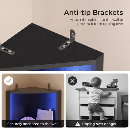 FCH 5-Tier Corner Bookshelf Corner Bookcase Display Storage Rack with LED USB Ports Outlets Black