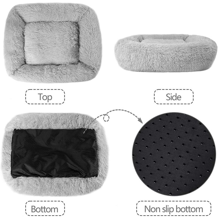 QKURT Cat Bed for Indoor Cats, Small Dog Beds for Small Dogs, Soft Long Plush Cushion Washable Puppy Bed,Self-Warming Square Cat Bed Anti-Slip Bottom Cushion (26 x 22 x 8 inch, Grey)