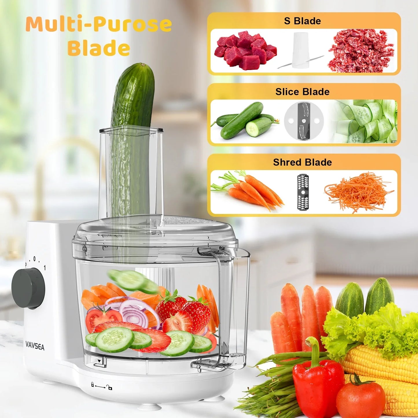 VAVSEA 6 Cup Food Processor and Vegetable Chopper for Dicing, Chopping, Mincing, BPA Free, Stainless Steel Blades, White