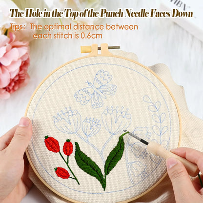 2 Pack Punch Needle Embroidery Kit for Beginners, Rug Hooking Starter Kit with Butterfly Flowers Bird Pattern Stamped Cloth 2 Embroidery Hoops Woolen and Punch Needle, DIY Handicraft Crafts Kit